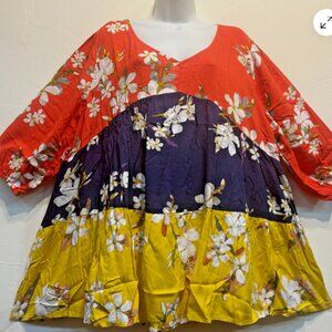 Nwt FUNKY STUFF tiered fiesta boho color-blocked floral rayon TOP 1X